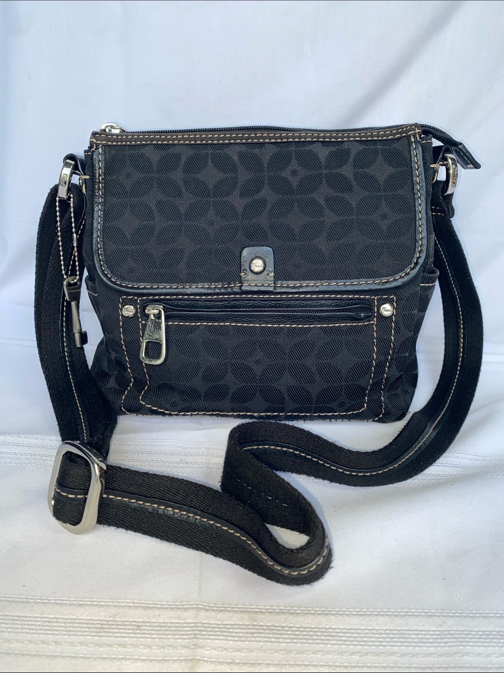 Fossil Black Patterned Crossbody Bag with Silver Hardware